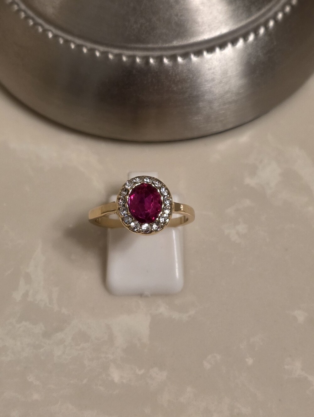 Gold CZ and Pink Topaz Ring Size 8.5